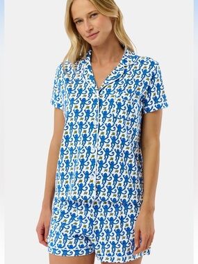 Roller Rabbit Blue Monkey Print Short Pajama Set Womens Size SMALL